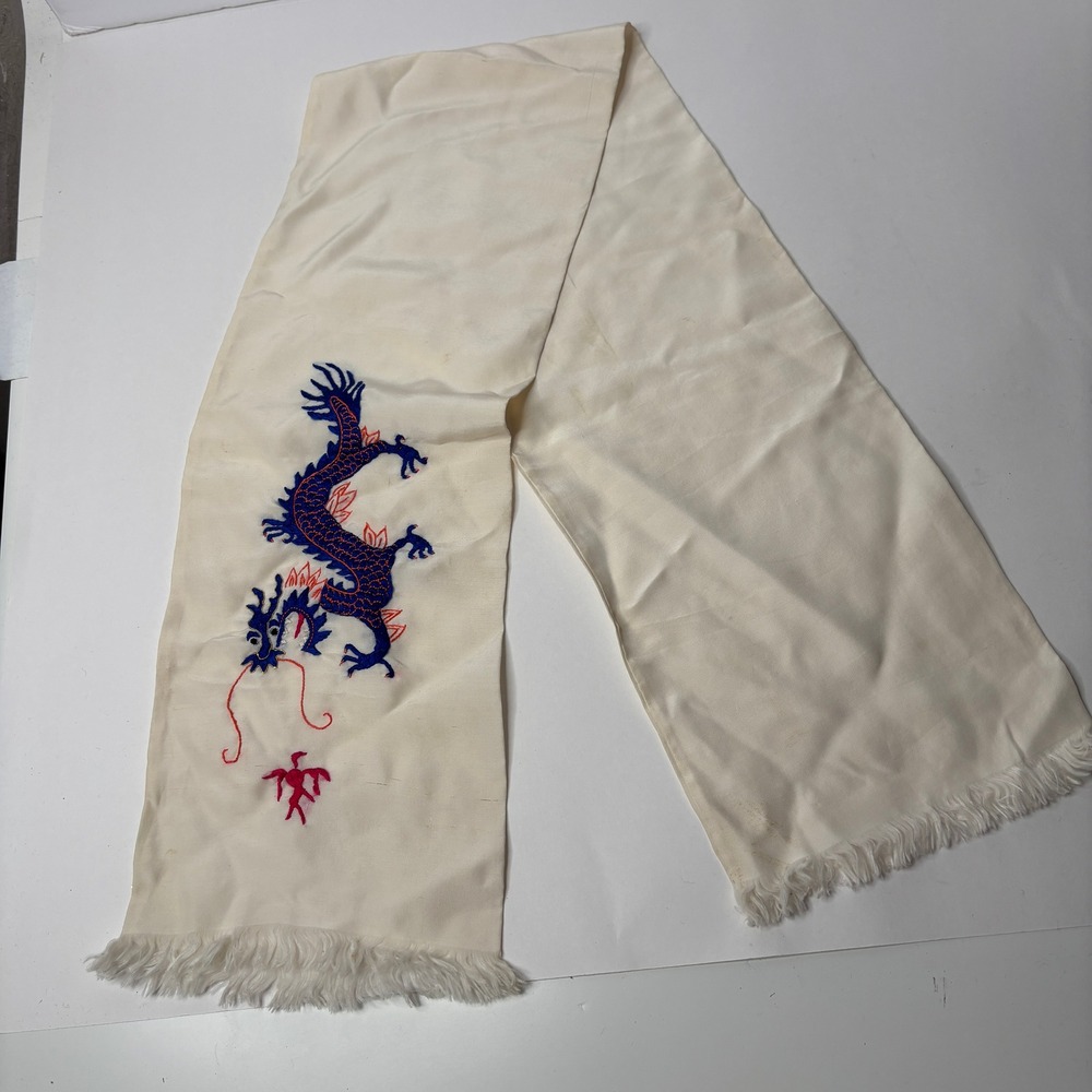 Vintage Cream Silk Embroidered Blue Dragon Fringed Scarf Chinoiserie SEE STAINED